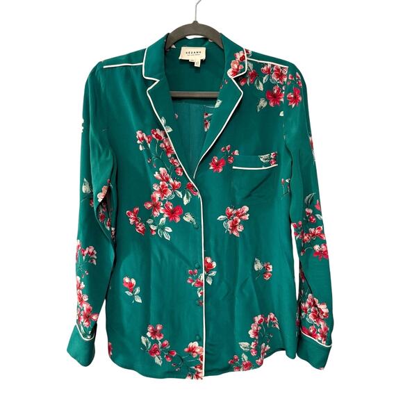 Sezane 4 Elisa 100% Silk Pajama Blouse Floral White Piping Covered Buttons Green - Picture 2 of 8